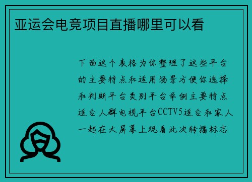 亚运会电竞项目直播哪里可以看